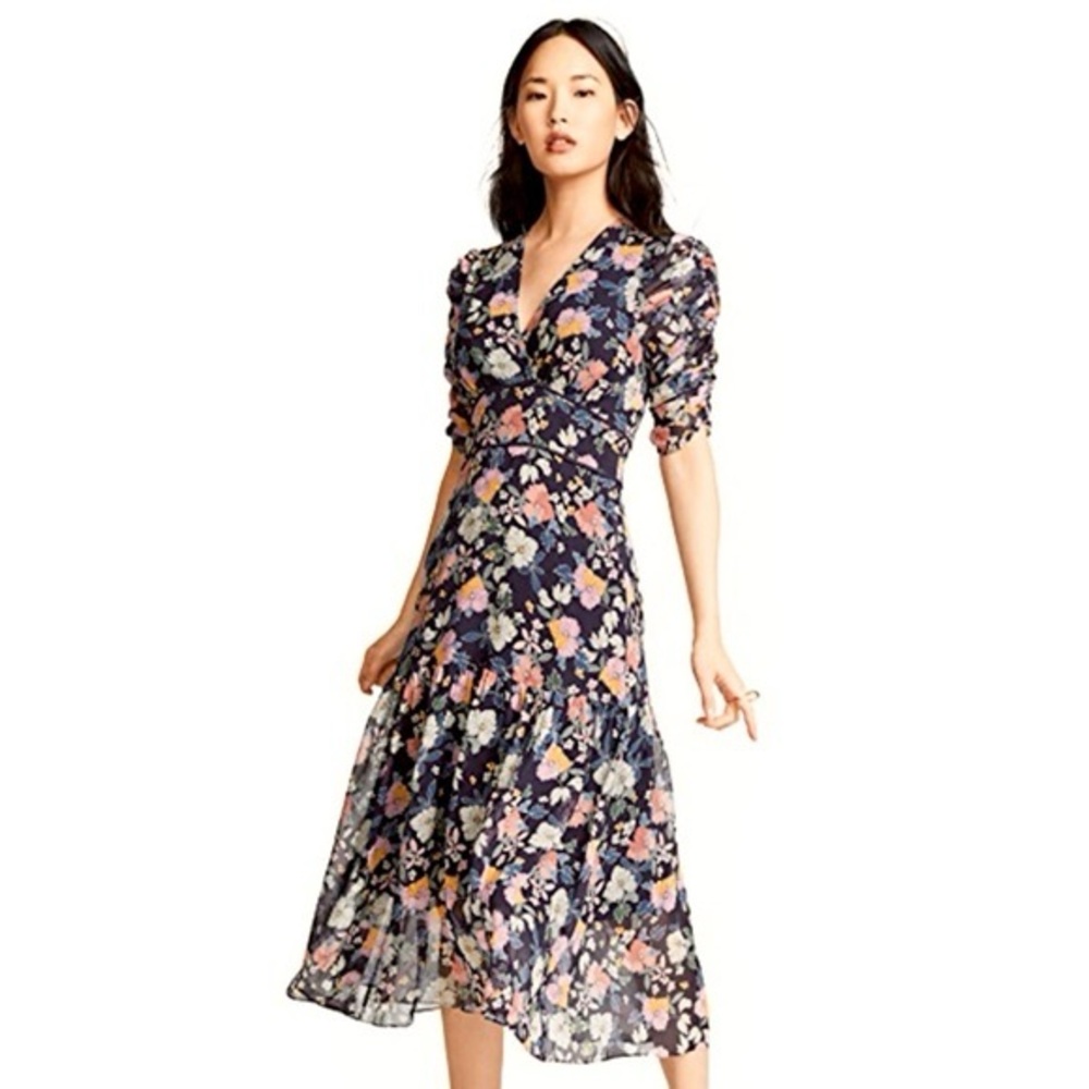 Shoshanna Lucilio Silk Floral Print Tiered Midi Dress Pink and Navy Blue Size 2